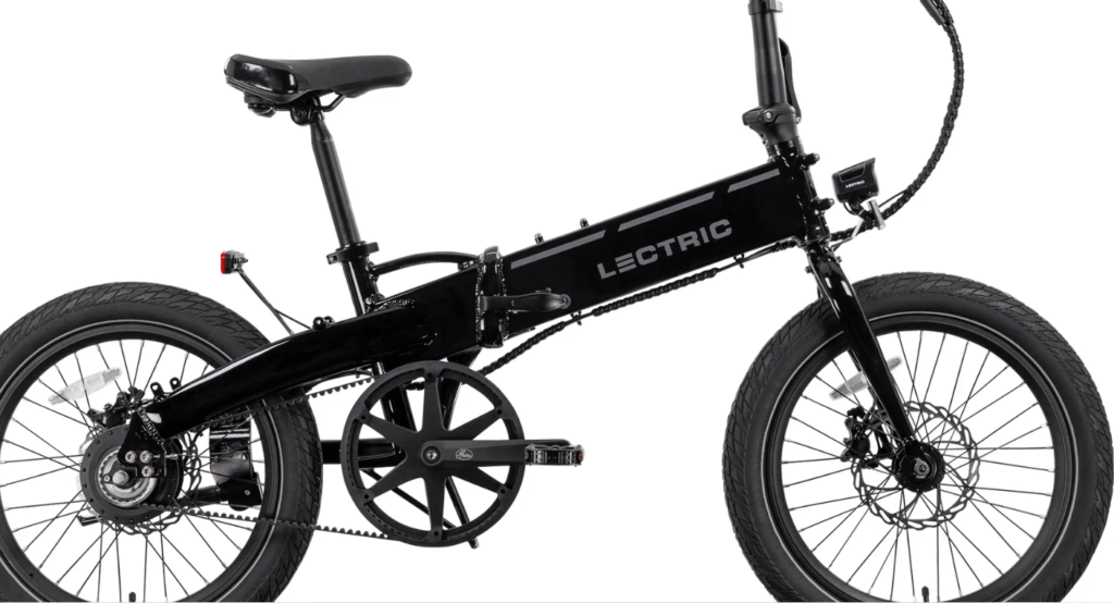 Lectric XP Lite folding electric bike in bright black, featuring a compact frame, fat tires, and lightweight design. Perfect for affordable and portable city commuting in 2025