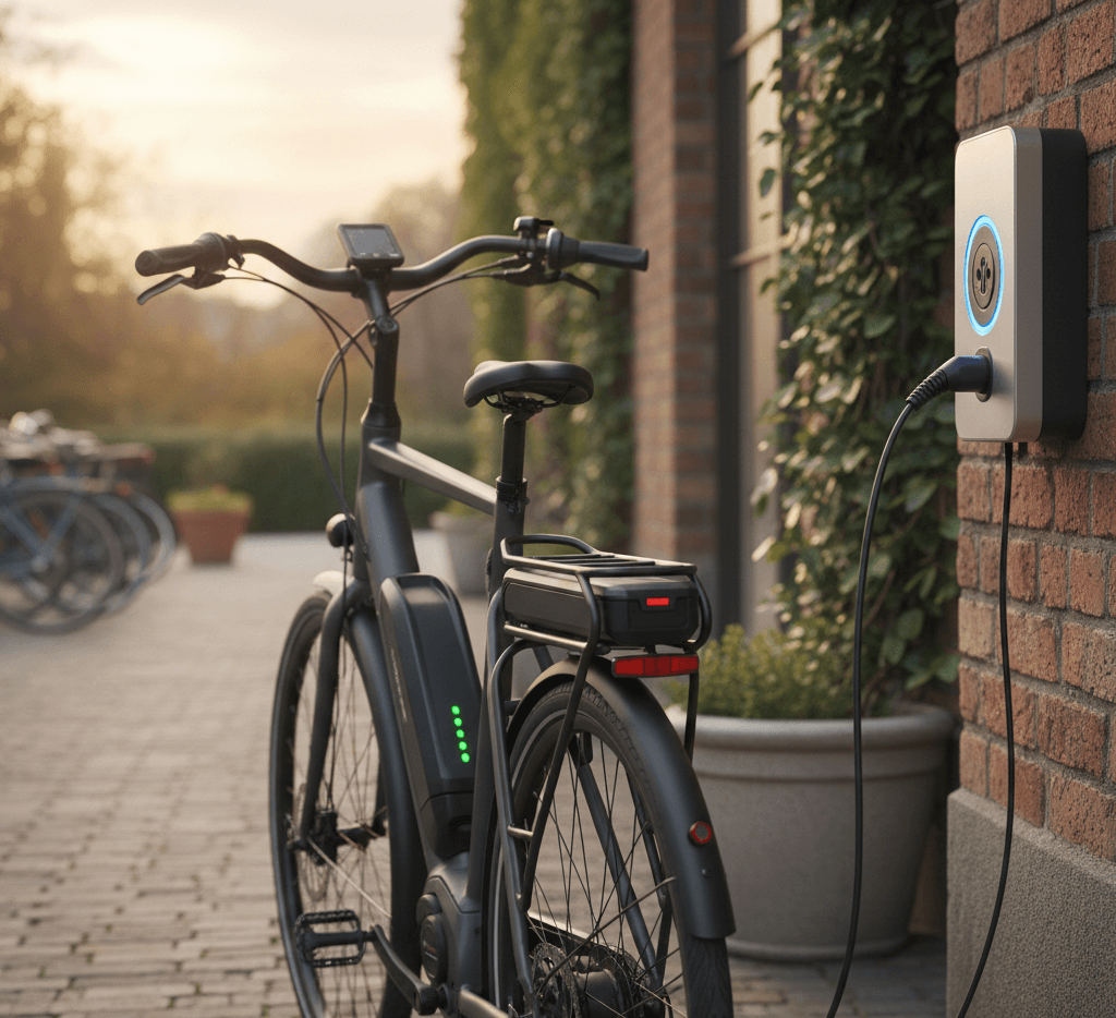 alt/furybikers/slow charging vs fast charging/An e-bike charging outdoor.